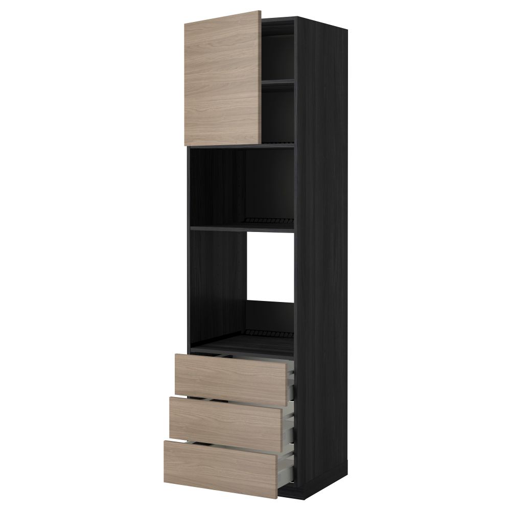 Высокий шкаф для духовки/СВЧ дверца, 3 ящика МЕТОД / МАКСИМЕРА, черный, Брокхульт светло-серый - фото 1