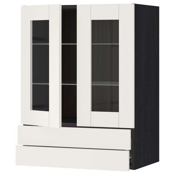 Навесной шкаф, 2 стеклянные дверцы, 2 ящика МЕТОД / ФОРВАРА, черный, Сэведаль белый - схема-чертеж с размерами