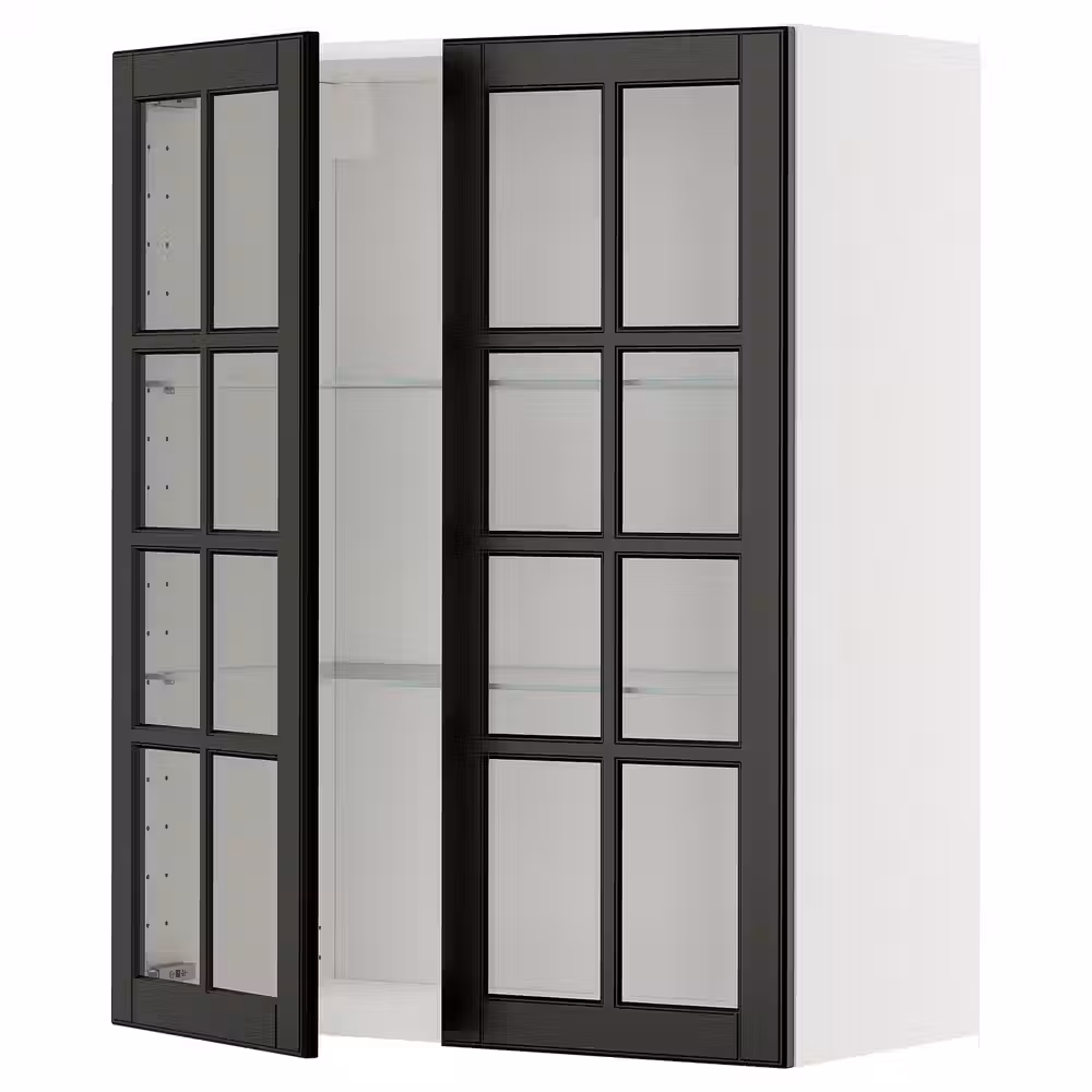 METOD Навесной шкаф/полки/2стеклян двери - белый/Bodbyn чёрный 80x100 см - фото 1