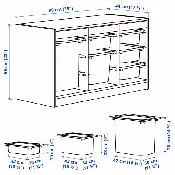 TROFAST Комбинация д/хранения+контейнеры - белый/белый 99x44x56 см - схема-чертеж с размерами