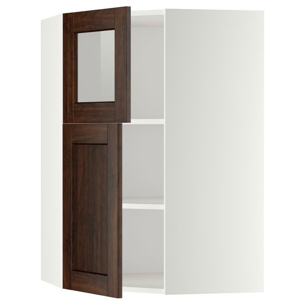 Угловой навесной шкаф + полки, 1 дверца, 1 стеклянные дверцы МЕТОД, белый, Эдсерум коричневый (68x100 см) - схема-чертеж с размерами