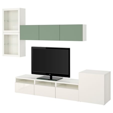 Шкаф для ТВ, комбинированный, стекляные дверцы БЕСТО, Лаппвикен зеленый, Синдвик белый прозрачное стекло (300x20/40x211 см)