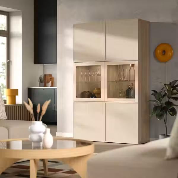 BESTÅ Комбинация д/хранения+стекл дверц - под беленый дуб/Krukmakare бежевый 120x42x193 см - фото 2