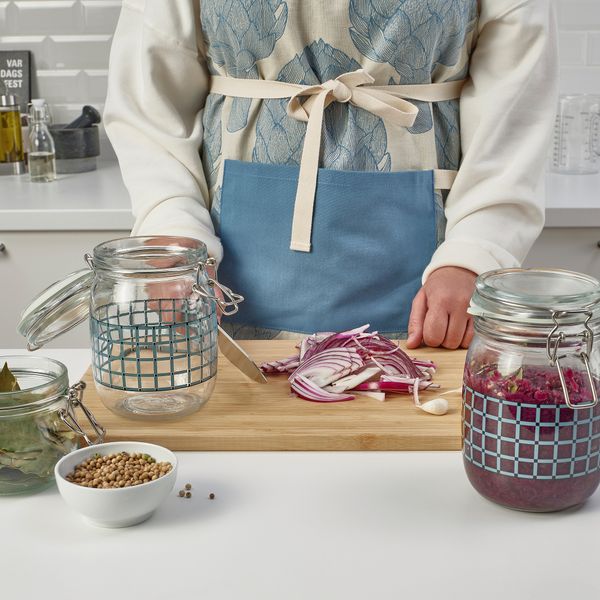 Банка с крышкой, 1 л, прозрачное стекло, клетчатый орнамент серо-синий IKEA KORKEN КОРКЕН 605.646.85 - фото 3