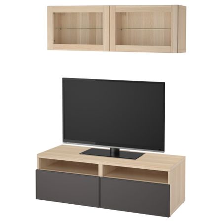 Шкаф для ТВ, комбинированный, стекляные дверцы БЕСТО, под беленый дуб Грундсвикен, темно-серый прозрачное стекло (120x20/40x166