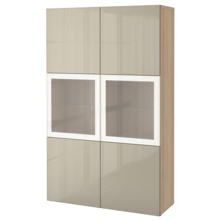 Комбинация для хранения со стеклянными дверцами БЕСТО, под беленый дуб, Сельсвикен глянцевый/бежевый матовое стекло (120x40x192