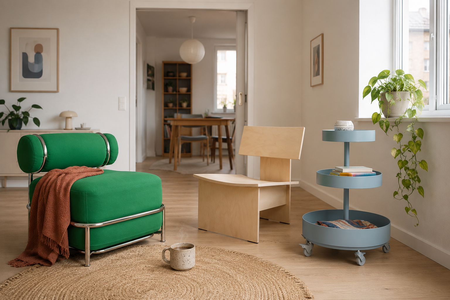 IKEA PS 2026 — зелёное надувное кресло, берёзовый стул и синяя тележка в светлой скандинавской гостиной