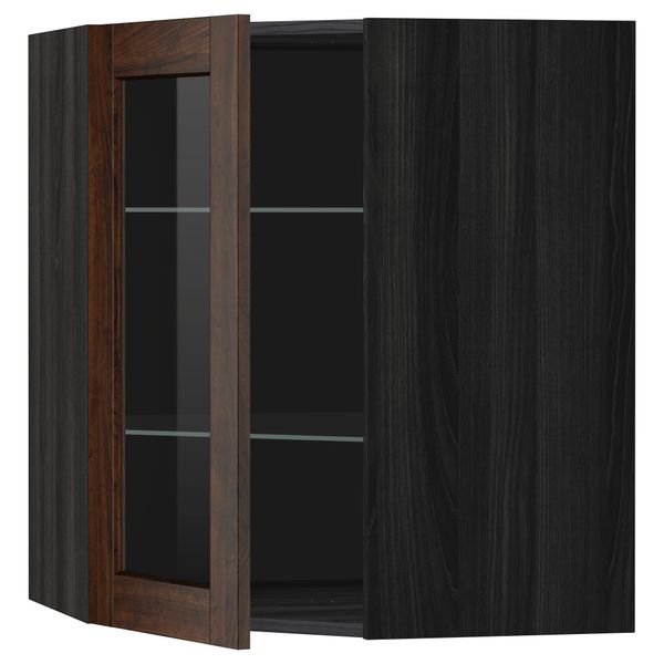 Угловой навесной шкаф с полками, стекляными дверцами МЕТОД, черный, Эдсерум коричневый - схема-чертеж с размерами