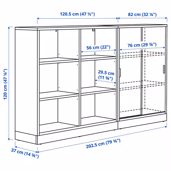 TONSTAD Комбинация д/хранения - дубовый шпон 202x37x120 см - схема-чертеж с размерами