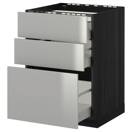 Напольный шкаф, 3 фронтальных панели, 3 ящика МЕТОД / МАКСИМЕРА, черный, Гревста нержавеющ сталь