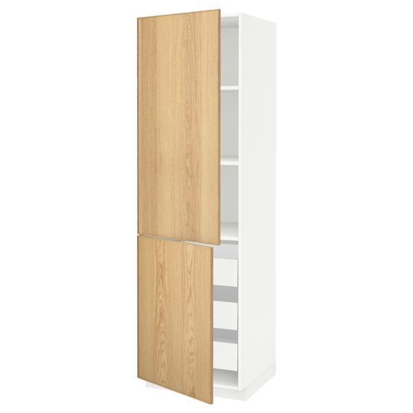 Высокий шкаф + полки, 3 ящика, 2 дверцы МЕТОД / МАКСИМЕРА, белый, Экестад дуб - схема-чертеж с размерами