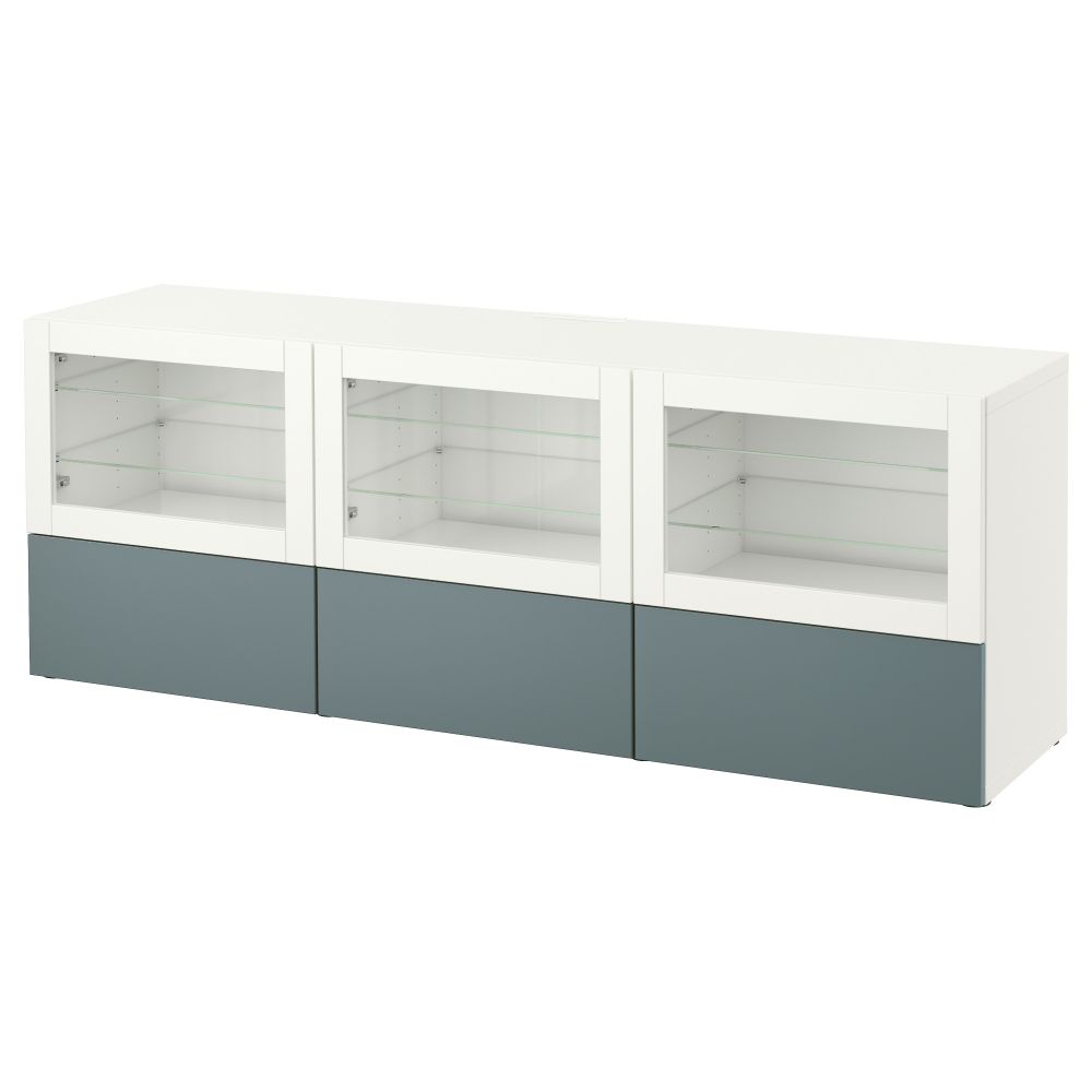 Тумба под ТВ, с дверцами и ящиками БЕСТО, белый, Вальвикен серо-бирюзовый, прозрачное стекло (180x40x64 см) - фото 1