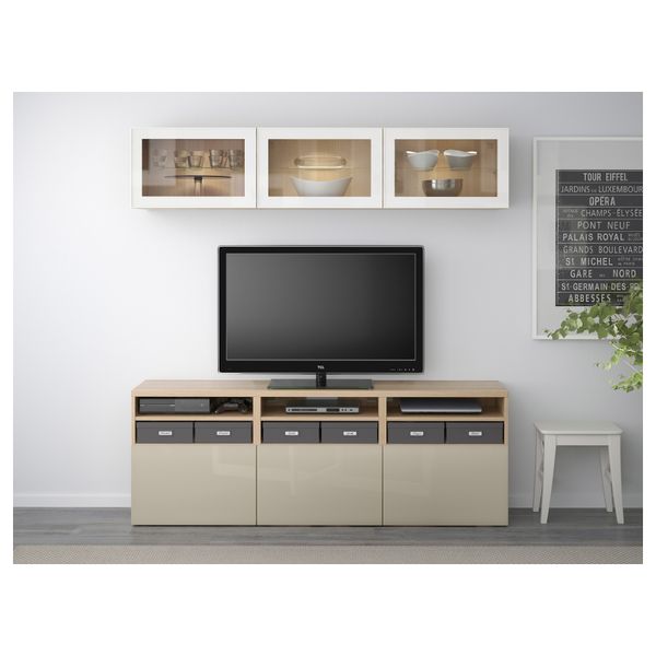 Шкаф для ТВ, комбинированный, стекляные дверцы БЕСТО, под беленый дуб, Сельсвикен глянцевый/бежевый прозрачное стекло - фото 2