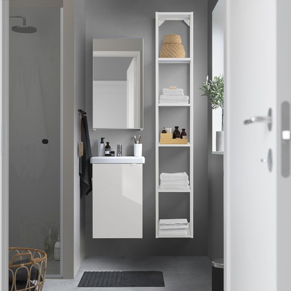 Комплект мебели для ванной,7 предм., глянцевый белый/ПИЛКОН смеситель 44x43x65 см IKEA FISKÅN ФИСКОН / TVÄLLEN ТВЭЛЛЕН - схема-чертеж с размерами