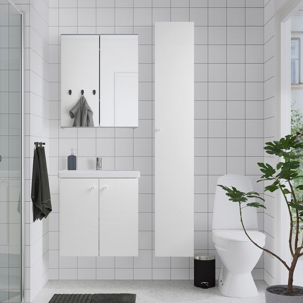 Комплект мебели для ванной,8 предм., белый/ПИЛКОН смеситель 64x43x65 см IKEA FISKÅN ФИСКОН / TVÄLLEN ТВЭЛЛЕН 294.360.87 - схема-чертеж с размерами