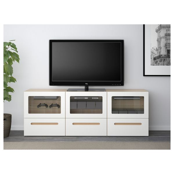 Тумба под ТВ, с дверцами и ящиками БЕСТО, под беленый дуб, Марвикен белый прозрачное стекло (180x40x64 см) - фото 2