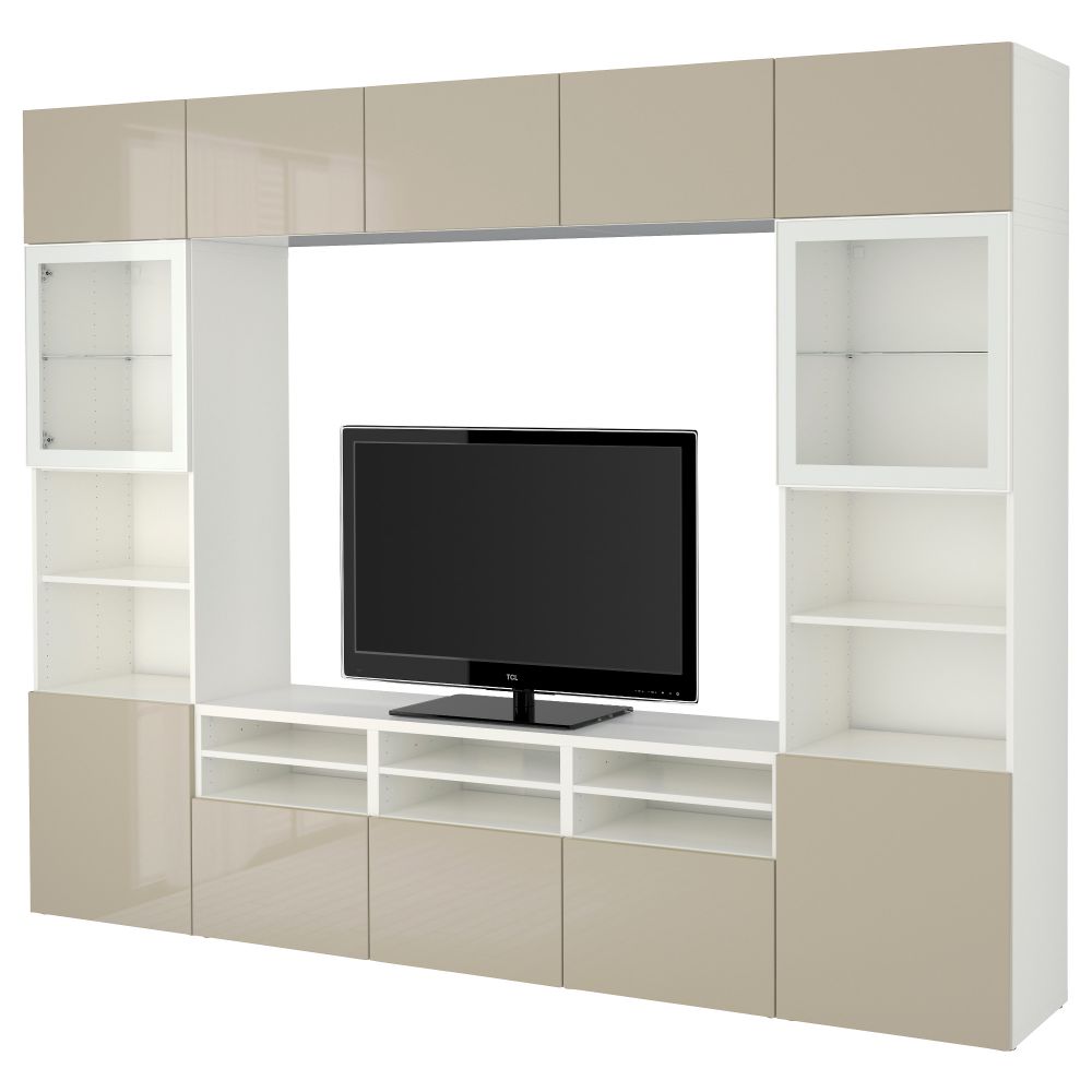 Шкаф для ТВ, комбинированный, стекляные дверцы БЕСТО, белый, Сельсвикен глянцевый/бежевый прозрачное стекло (300x40x230 см) - фото 1
