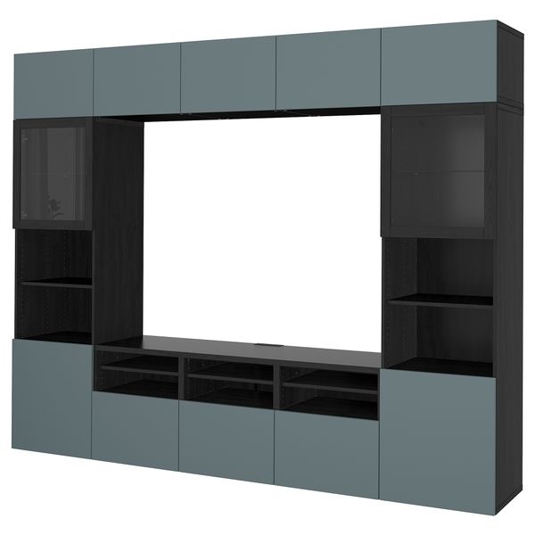 Шкаф для ТВ, комбинированный, стекляные дверцы БЕСТО, черно-коричневый, Вальвикен серо-бирюзовый, прозрачное стекло (300x40x230 - фото 1