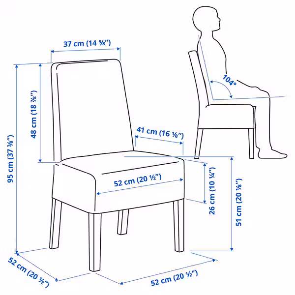 BERGMUND Стул с чехлом средней длины - белый/Djuparp темно-серый - схема-чертеж с размерами