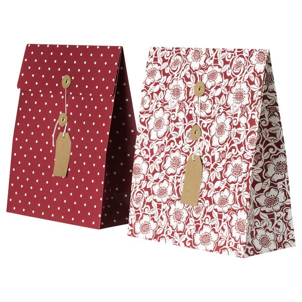 Подарочный пакет, орнамент «точки»/орнамент «рождественская роза» темно-красный 27x32 см/5 л IKEA VINTER 2020 ВИНТЕР 2020 - фото 1