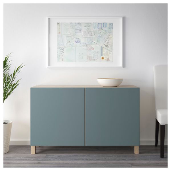 Комбинация для хранения с дверцами БЕСТО, под беленый дуб, Вальвикен серо-бирюзовый (120x40x74 см) - схема-чертеж с размерами