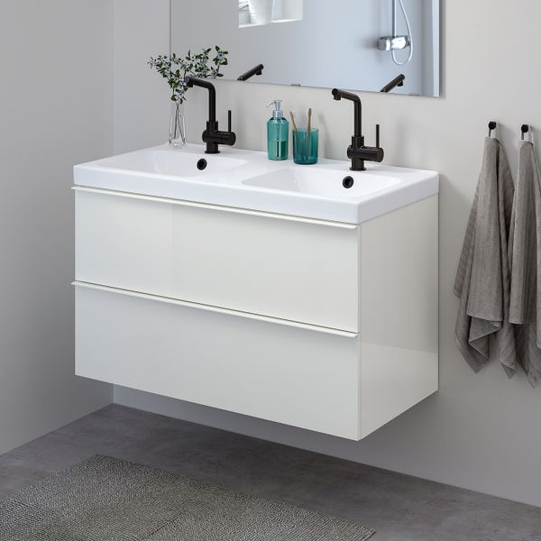 Шкаф для раковины с 2 ящ, глянцевый белый/ЛУНДШЭР смеситель 103x49x64 см IKEA GODMORGON ГОДМОРГОН / ODENSVIK ОДЕНСВИК 994.244.39 - фото 2