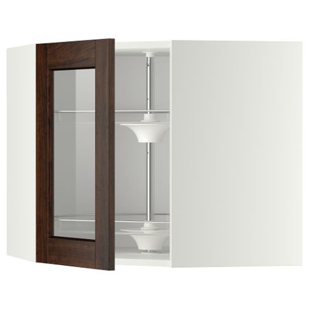 Угловой навесной шкаф с вращающающейся секцией, стеклянными дверцами МЕТОД, белый, Эдсерум коричневый