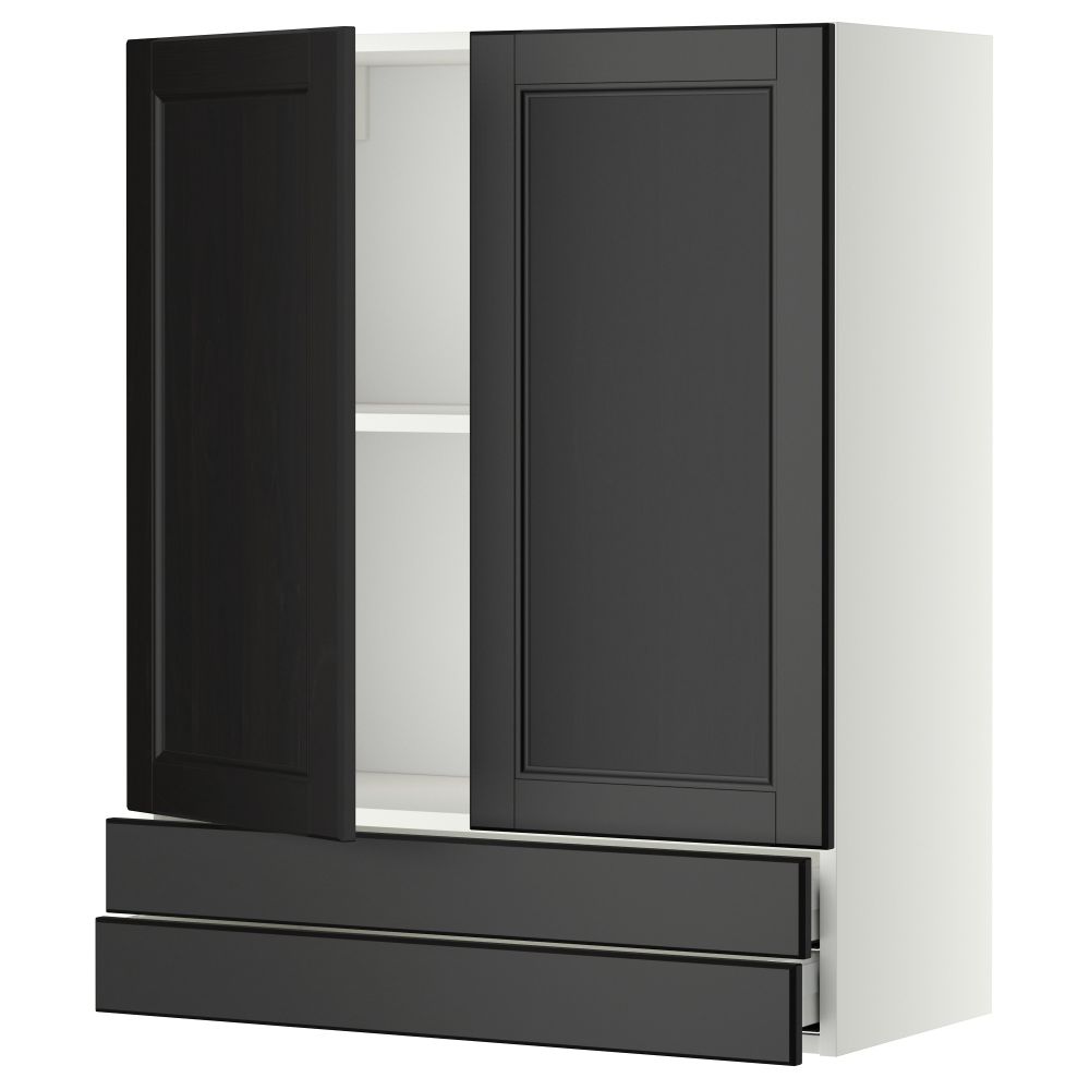 Навесной шкаф, 2 дверцы, 2 ящика МЕТОД / МАКСИМЕРА, белый, Лаксарби черно-коричневый - фото 1