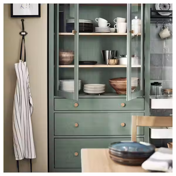 HEMNES Шкаф-витрина с 3 ящиками - серо-зеленый/светло-коричневая морилка 90x197 см - фото 9