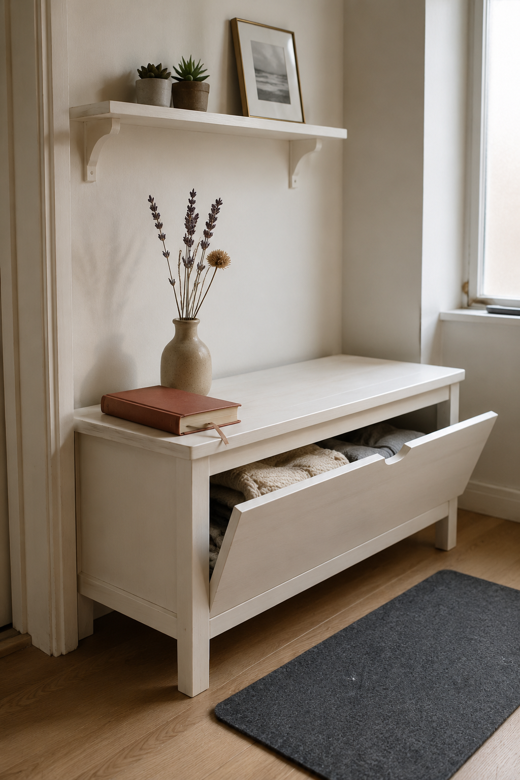Белая скамья HEMNES с книгой и керамической вазой в светлой прихожей скандинавской квартиры