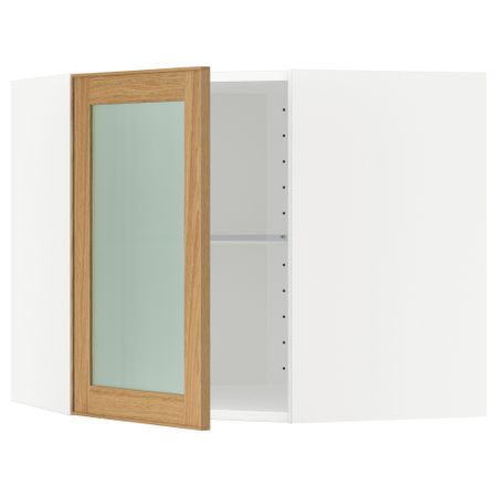 Угловой навесной шкаф с полками, стекляными дверцами МЕТОД, белый, Экестад дуб