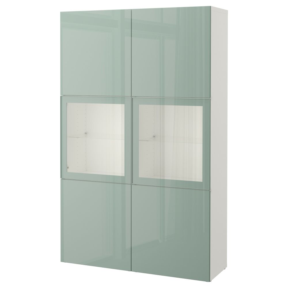 Комбинация для хранения со стеклянными дверцами БЕСТО, белый Сельсвикен, глянцевый/серо-зеленый светлый прозрачное стекло - фото 1