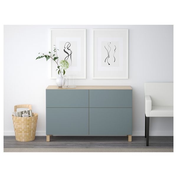 Комбинация для хранения с дверцами, ящиками БЕСТО, под беленый дуб, Вальвикен серо-бирюзовый (120x40x74 см) - фото 2