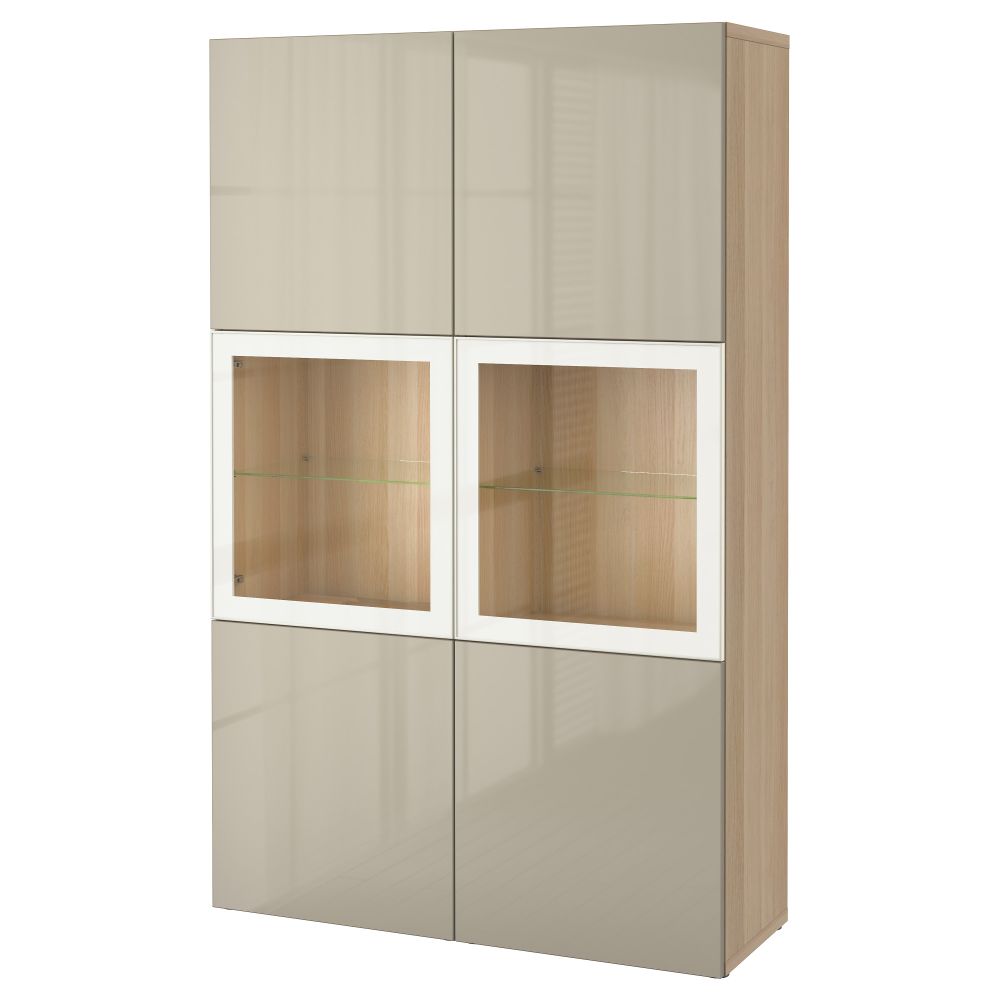 Комбинация для хранения со стеклянными дверцами БЕСТО, под беленый дуб, Сельсвикен глянцевый/бежевый прозрачное стекло - фото 1