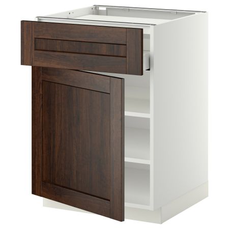 Напольный шкаф для варочной панели, ящик, полка, дверцы МЕТОД / МАКСИМЕРА, белый, Эдсерум коричневый (60x60 см)