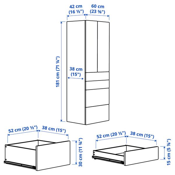 SMÅSTAD / PLATSA Гардероб - белый белый/с 4 ящиками 60x42x181 см - схема-чертеж с размерами