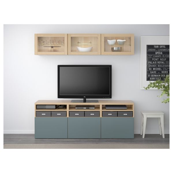 Шкаф для ТВ, комбинированный, стекляные дверцы БЕСТО, под беленый дуб, Вальвикен серо-бирюзовый, прозрачное стекло (180x40x192 - фото 3