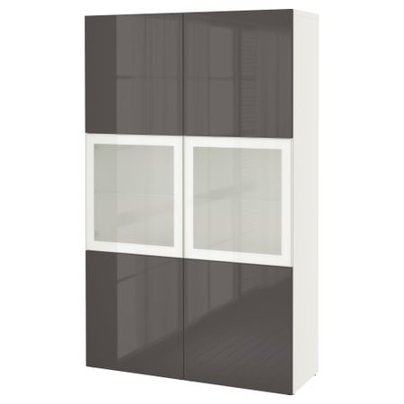 Комбинация для хранения со стеклянными дверцами БЕСТО, белый, Сельсвикен глянцевый/серый матовое стекло (120x40x192 см)
