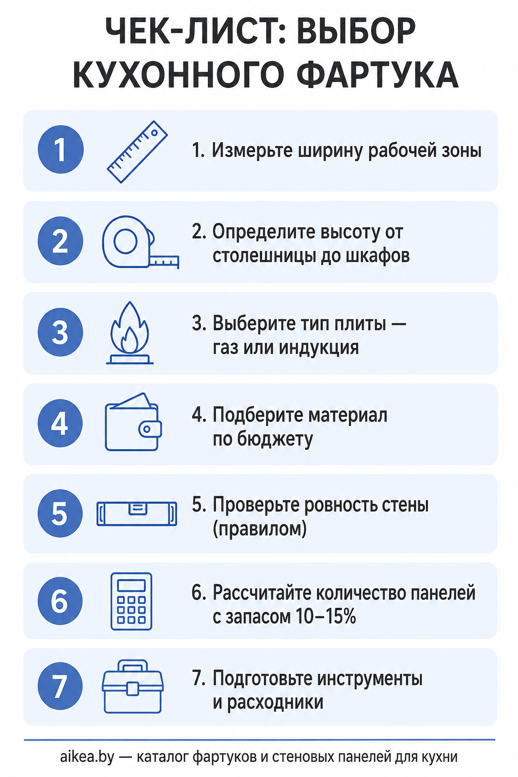 Чек-лист выбора кухонного фартука — 7 шагов от замеров до монтажа