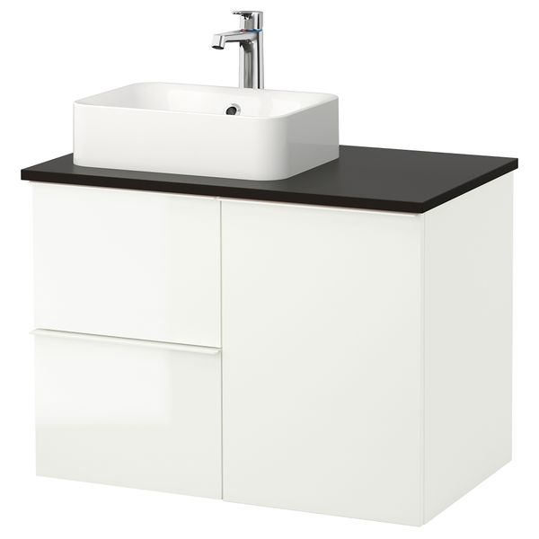 Шкаф с раковиной 45x32 см ГОДМОРГОН/ТОЛКЕН / ХОРВИК, глянцевый белый, антрацит (82x49x72 см) - фото 1