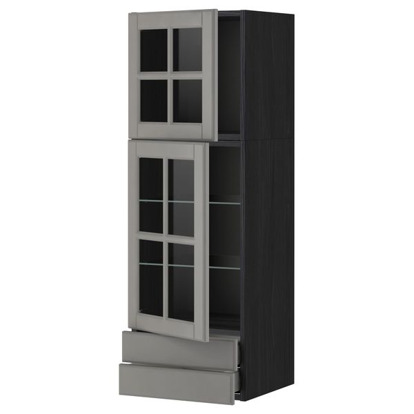 Навесной шкаф, 2 стеклянные дверцы, 2 ящика МЕТОД / МАКСИМЕРА, черный, Будбин серый - фото 1