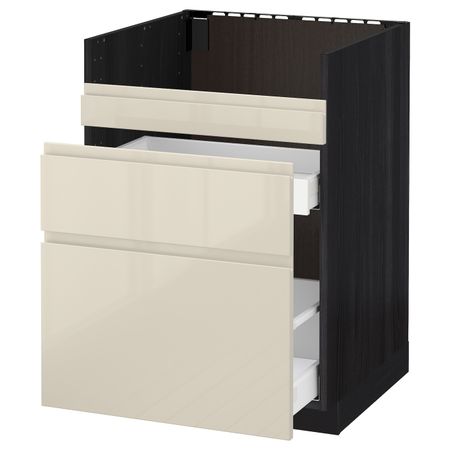 Напольный шкаф для мойки ХАВСЕН/3фасада/2ящ, черный, Воксторп глянцевый светло-бежевый 60x60 см IKEA МЕТОД 392.804.34