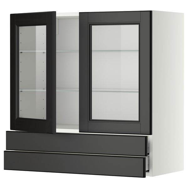 Навесной шкаф, 2 стеклянные дверцы, 2 ящика МЕТОД / МАКСИМЕРА, белый, Лаксарби черно-коричневый - фото 1