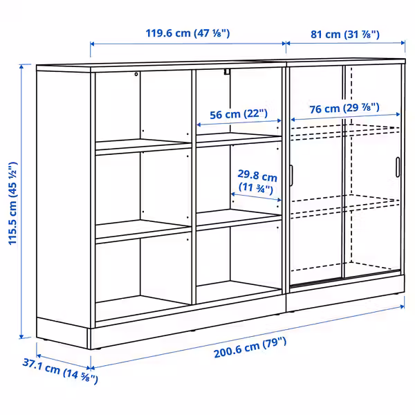 TONSTAD Комбинация д/хранения - белый с оттенком 201x37x116 см - схема-чертеж с размерами