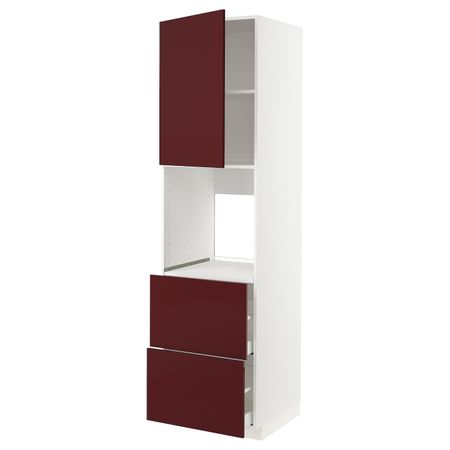 Высокий шкаф для духовки + дверца, 2 форнтальных, 2 высоких ящ, белый Калларп/глянцевый темный красно-коричневый 60x60x220 см