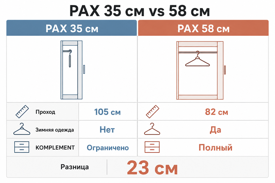 Сравнение PAX 35 и 58 см: мелкий шкаф даёт проход 105 см, глубокий − 82 см, но вмещает зимнюю одежду
