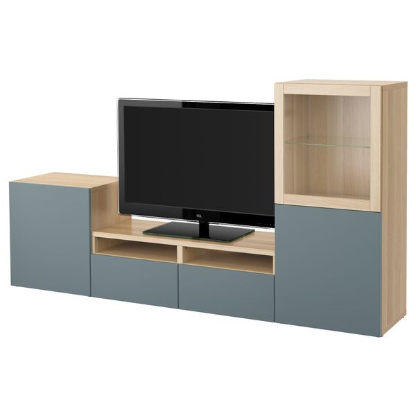 Шкаф для ТВ, комбинированный, стекляные дверцы БЕСТО, под беленый дуб, Вальвикен серо-бирюзовый, прозрачное стекло (240x40x128 - фото 1