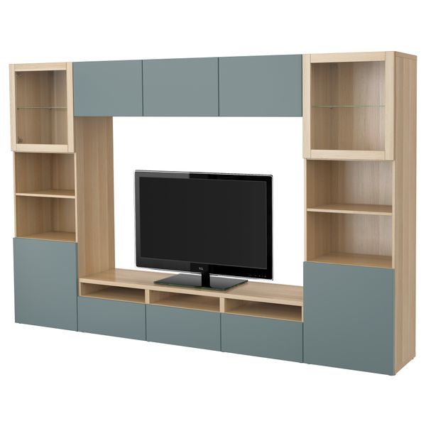 Шкаф для ТВ, комбинированный, стекляные дверцы БЕСТО, под беленый дуб, Вальвикен серо-бирюзовый, прозрачное стекло (300x40x192 - фото 1