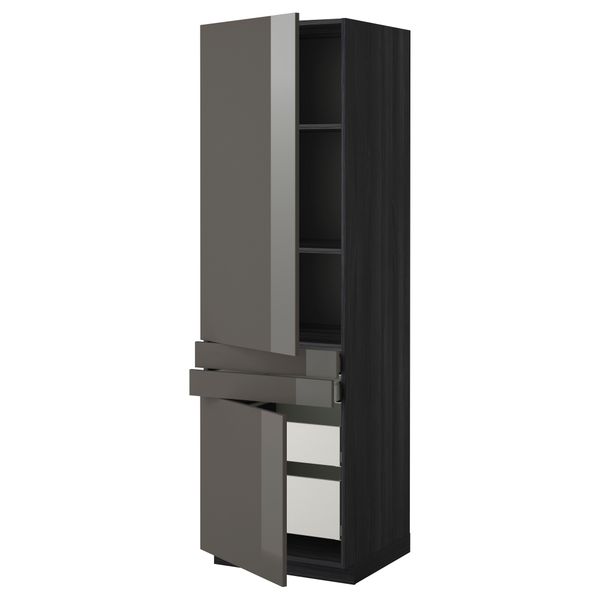 Высокий шкаф + полки, 4 ящик, 2 двери, 2 фронтальные МЕТОД / МАКСИМЕРА, черный, Рингульт серый (60x60x200 см) - фото 1