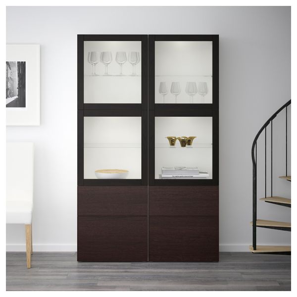 Комбинация для хранения со стеклянными дверцами БЕСТО, белый Синдвик, Инвикен черно-коричневый прозрачное стекло (120x40x192 см) - фото 2